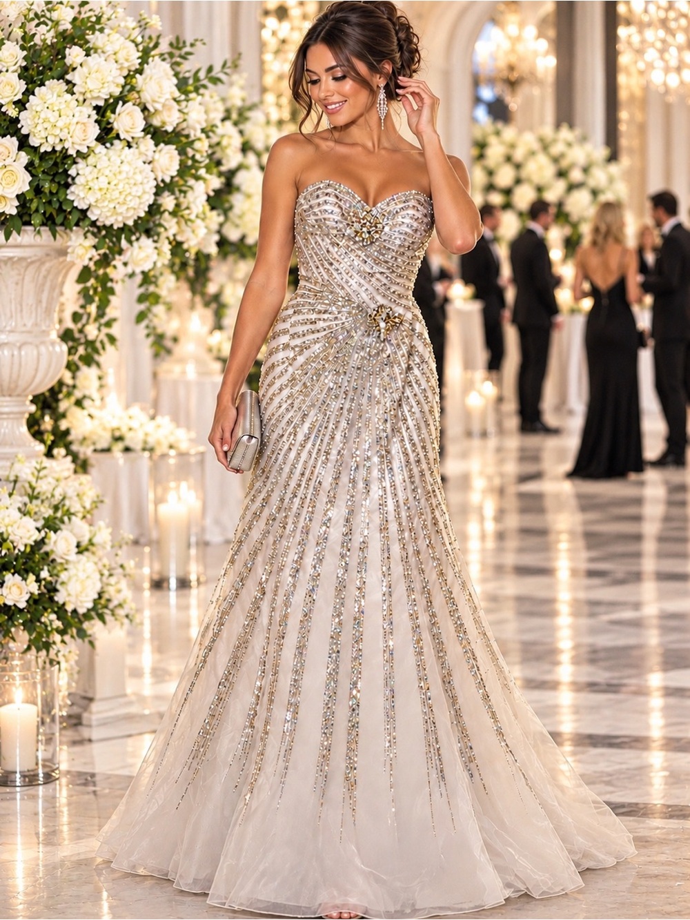 Jovani Size 2 White Silver Crystal Beaded Strapless sweetheart Prom Formal Gown